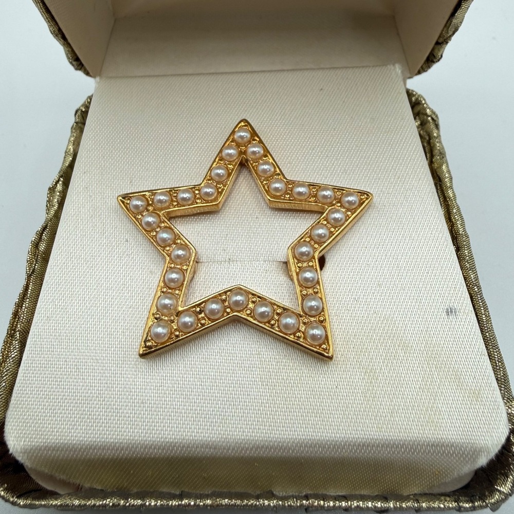 Vintage Gold‎ Tone Star Brooch Faux Pearl Open Star Costume Jewelry Pin